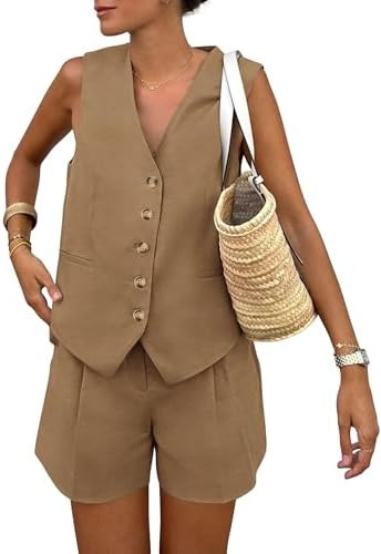 PRETTYGARDEN Women's Summer 2 Piece Outfits Sleeveless Matching Sets Button Down V Neck Vest Wais... | Amazon (US)