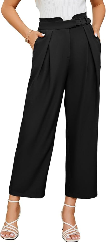 JASAMBAC Women's High Waist Business Work Pants Wide Leg Ruffled Back Trousers Straight Long Suit... | Amazon (US)