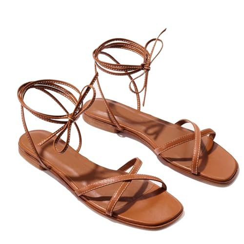 RJYLP Strappy Flats Sandals for Women Summer Gladiator Lace Up Flat Sandals Open Square Toe Casual Beach Slides Sandals | Amazon (US)