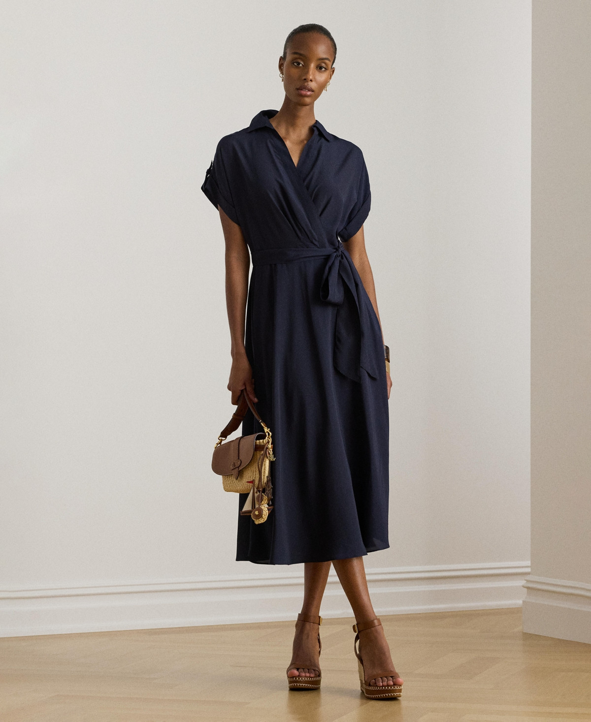 Lauren Ralph Lauren Women's Belted Crepe Surplice Neck Dress - Lighthouse Navy | Macy's