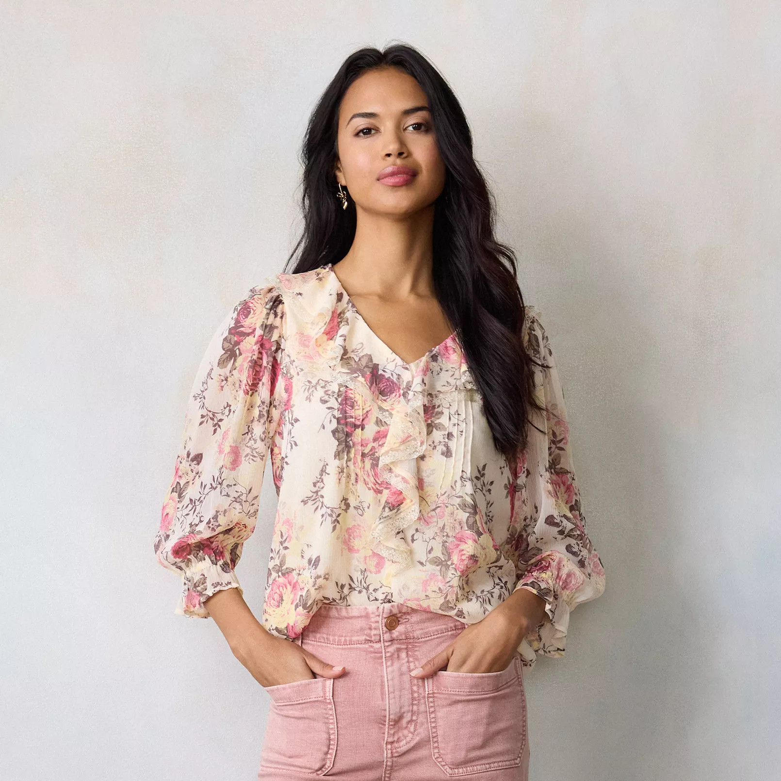 Women's LC Lauren Conrad 3/4 Sleeve Ruffle Front Blouse with Tucks | Kohl's