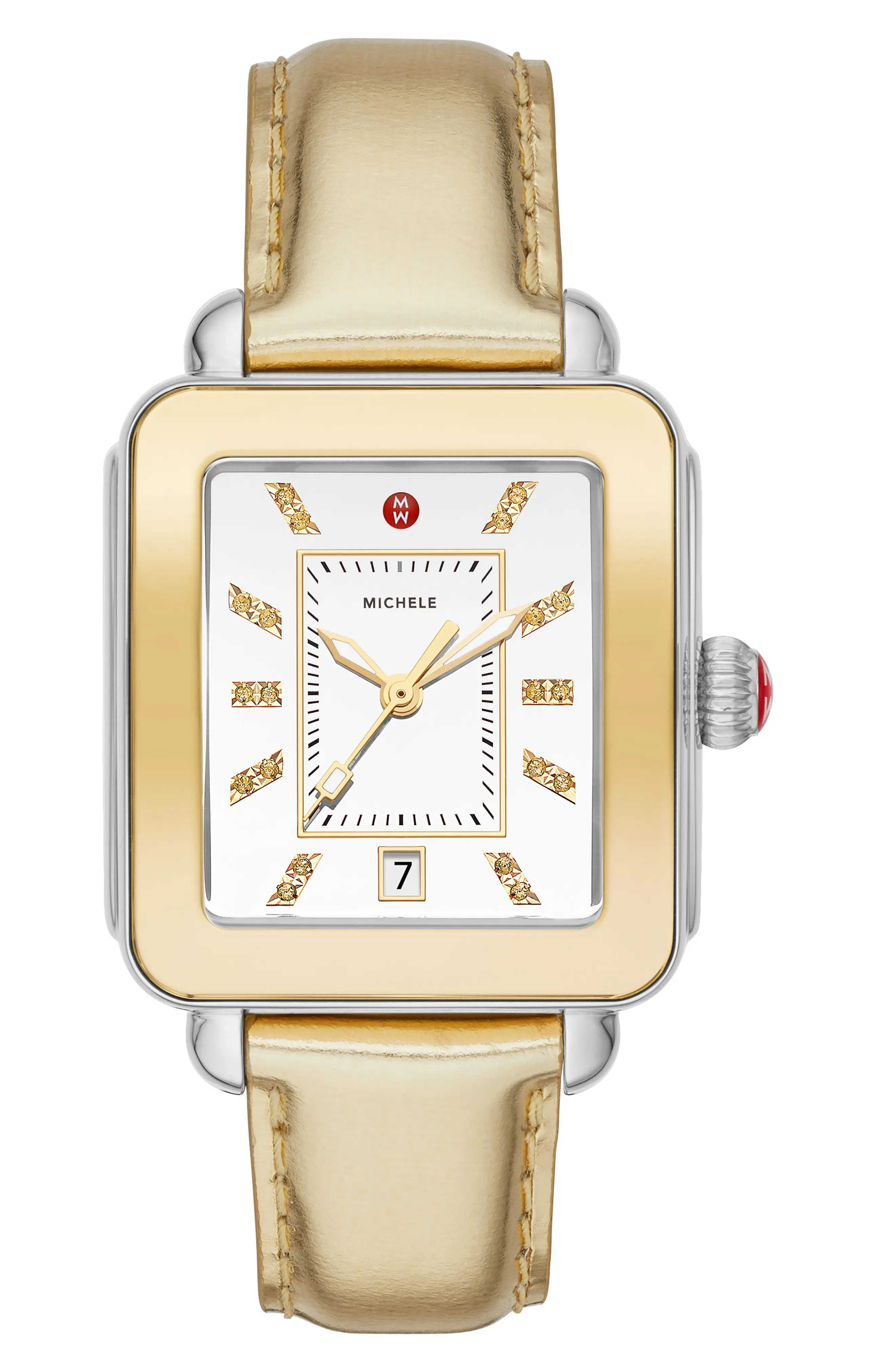 Women's Michele Deco Topaz Sport High Shine Watch Head & Metallic Leather Strap, 34mm X 36mm | Nordstrom