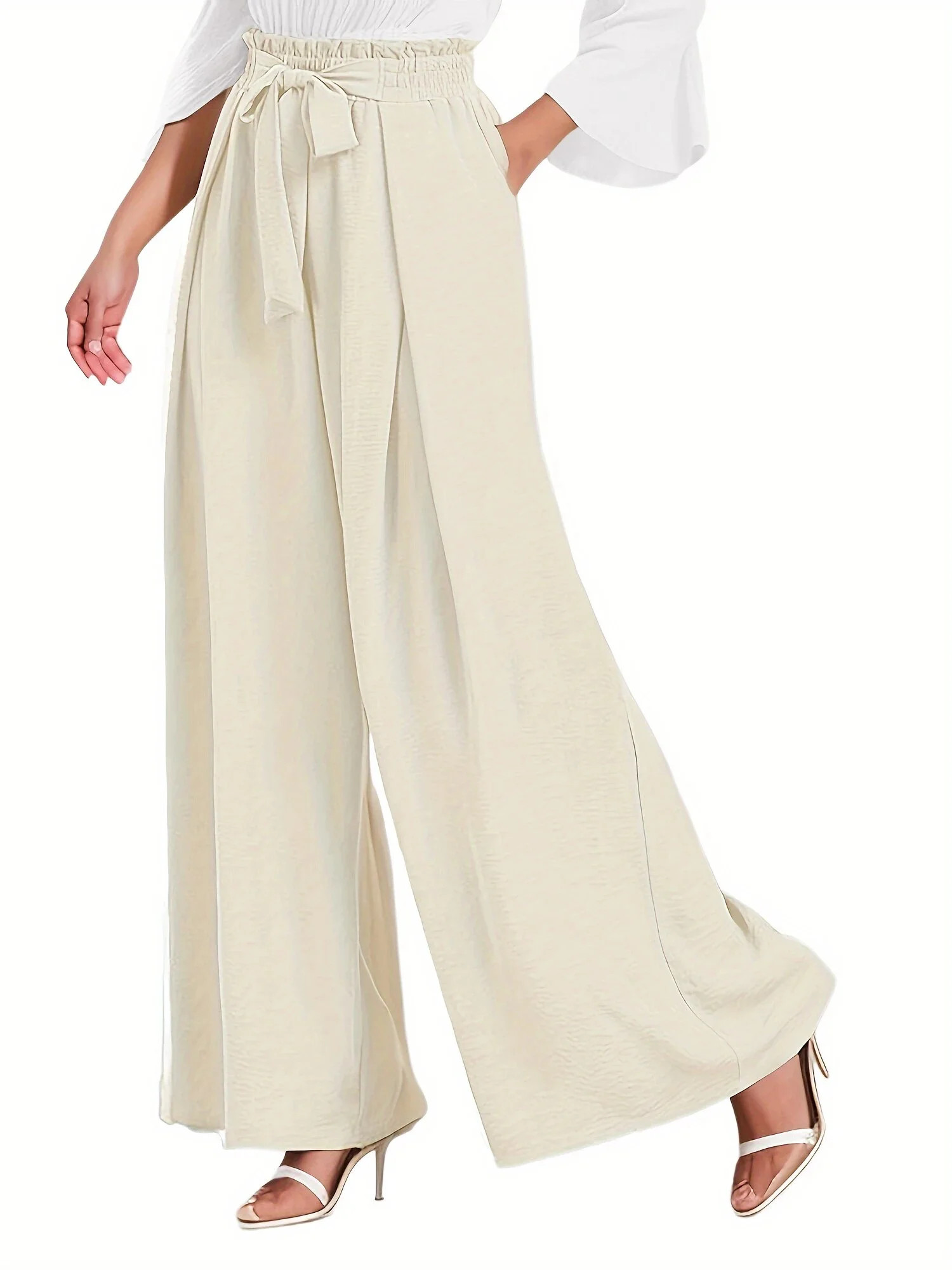 Fantaslook Womens Wide Leg Lounge Pants with Pockets High Waisted Adjustable Tie Knot Loose Casual Trousers Dress Work Pants | Walmart (US)