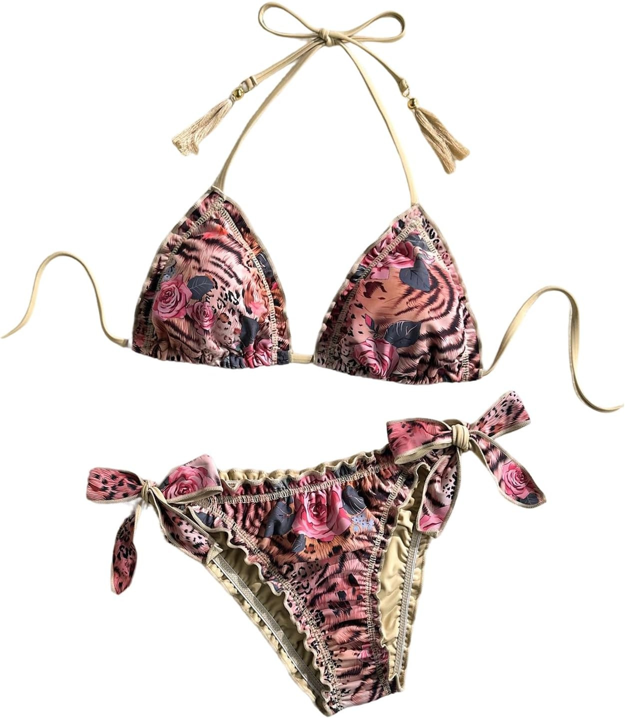 SOLY HUX Women's Floral Leopard Swimsuit Halter Triangle String Bikini Set | Amazon (US)