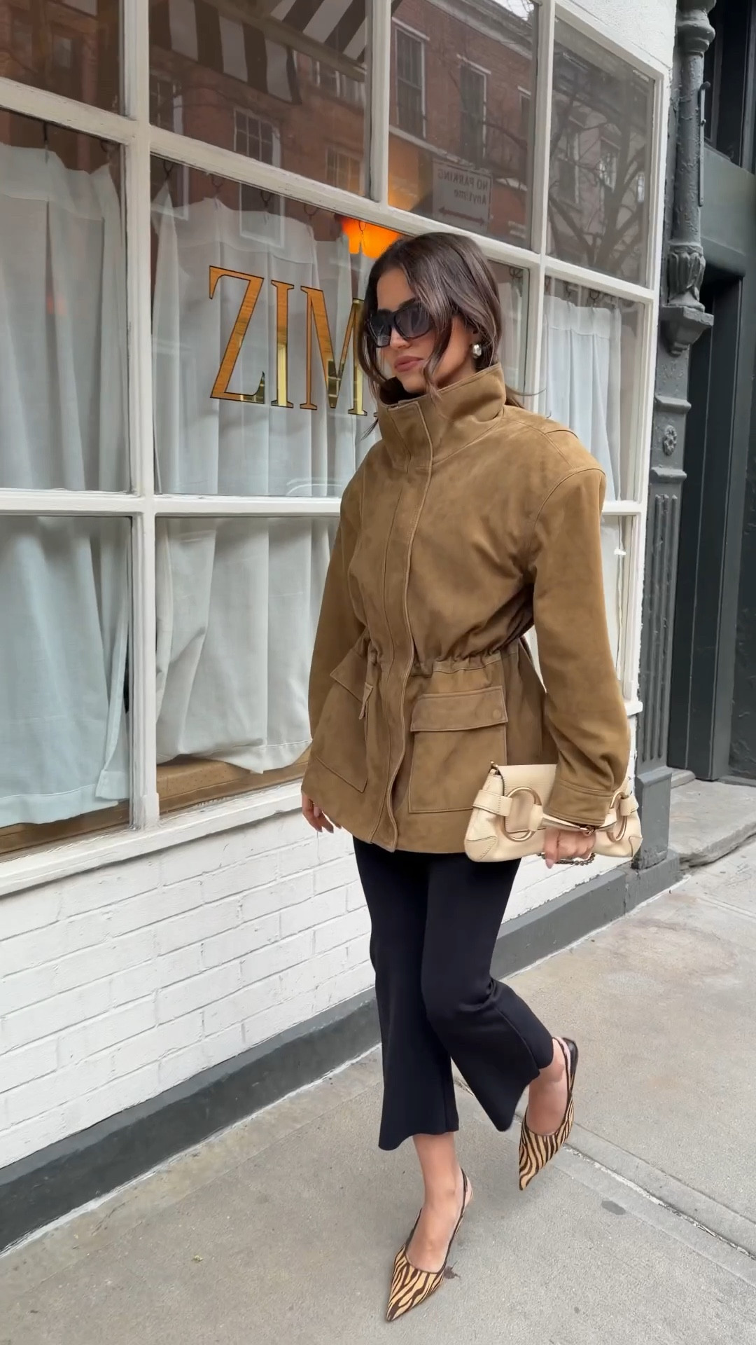 Black flare capri pants, paired with this Susana Chow suede jacket (also available in leather) and finished with pony hair tiger leather heels 🤎 daily outfit 

#LTKdayinmylife #LTKSeasonal #LTKootd