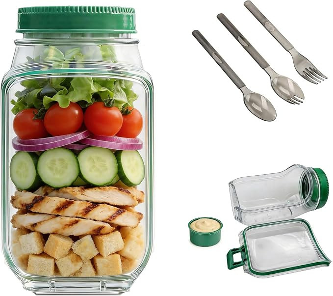 Portable Side Open Salad Jar with Leakproof Dressing Container - Removable Lid Converts to Bowl, ... | Amazon (US)