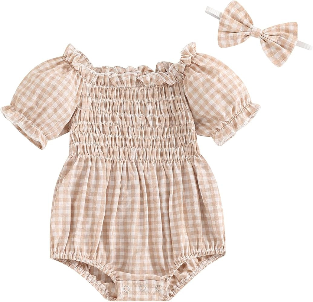 Newborn Baby Girl Summer Clothes Short Puff Sleeve Plaid Bubble Romper Smocked Frill Bodysuit wit... | Amazon (US)