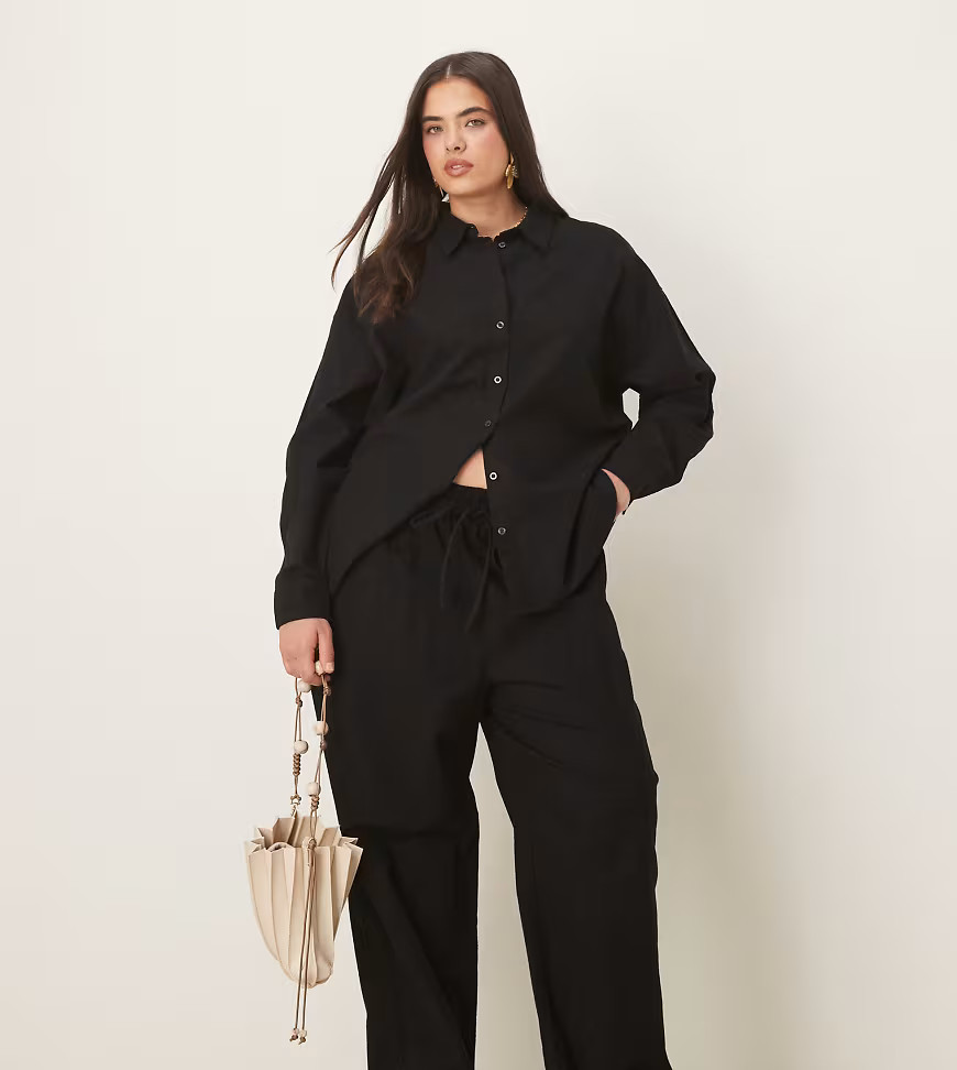 ASOS DESIGN Curve linen look pull on trousers co-ord in black | ASOS (Global)