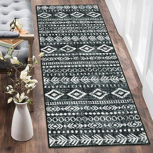 Lahome Washable Rug Runners for Hallways Non Slip, Boho Moroccan Black White 2x5 Hallway Runner Rug with Rubber Backing, Low-Pile Soft Rustic Tribal Print Carpet Runner for Bedroom Entryway | Amazon (US)