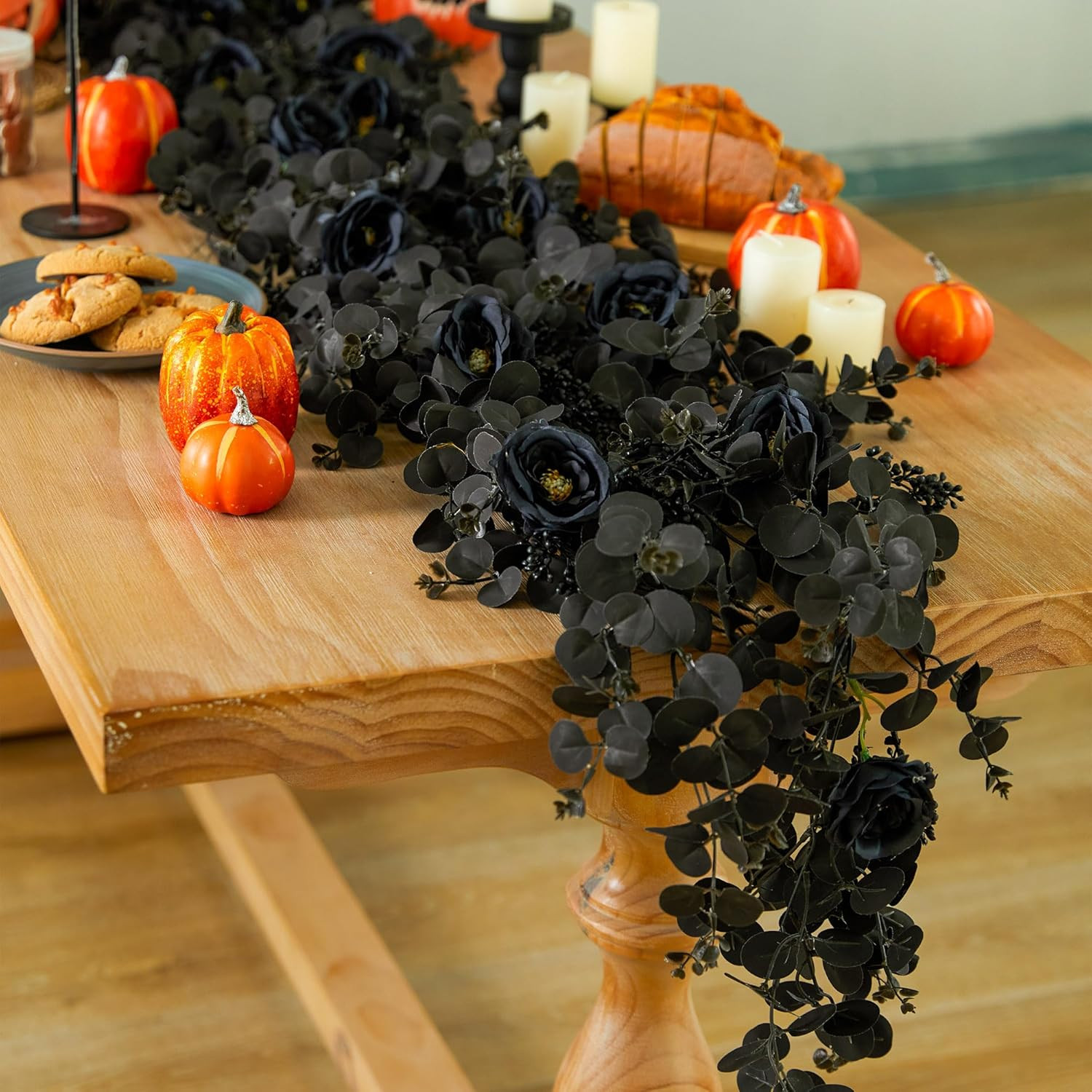 PARTY JOY 6.56ft Halloween Decorations Black Garland with Flowers 8 Black Roses, Floral Garland G... | Amazon (US)