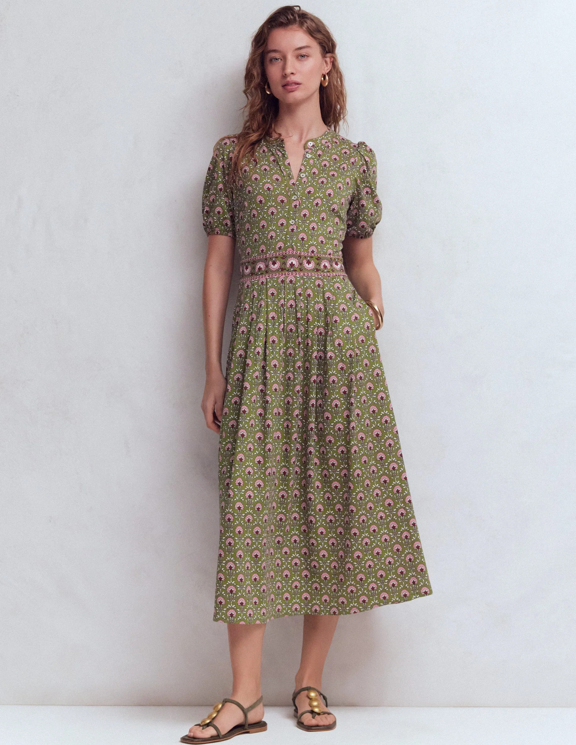 Amber Pleat Jersey Midi Dress-Olive, Flower Lattice | Boden (US)