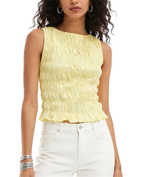 Women Shirred Tank Top Summer Smocked Tops Sleeveless Ruffle Hem Graphic Pleated Shirt Y2k Going ... | Amazon (US)