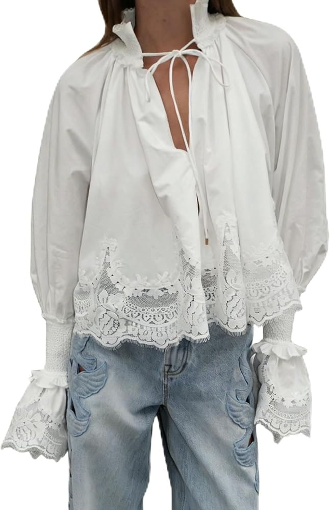 Womens Top Long Sleeve Front Tie with Lace Hem Top Women Summer Going Out Outfits | Amazon (US)