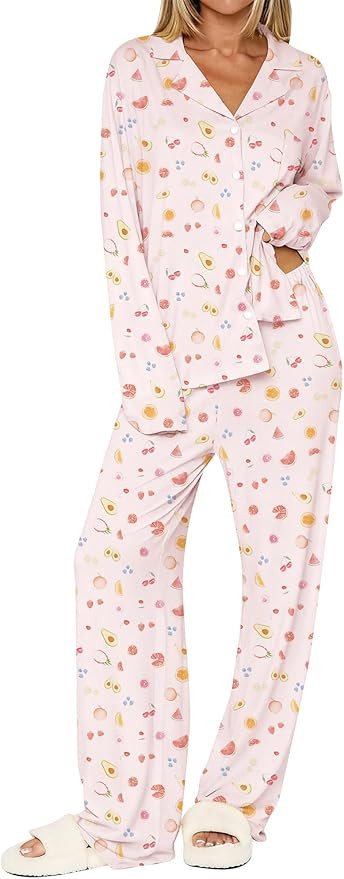 Dressmine Ladies Long Sleeve Cute Pajama Sets 2 Piece Fall Outfits Button Up Pjs Set Loungewear | Amazon (US)