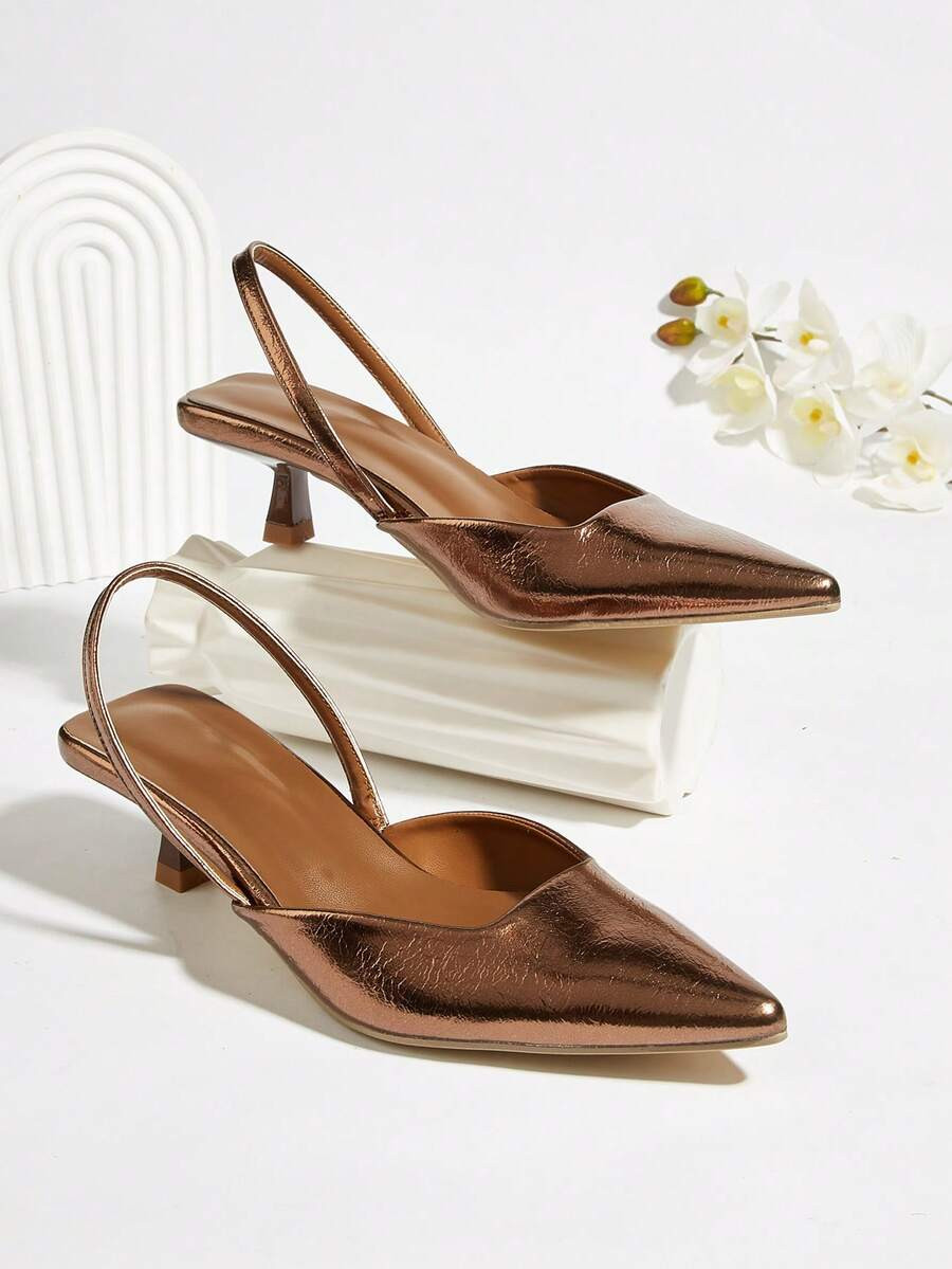 Women's Solid Color Leather Kitten Heel Shoes, Elegant Pointed Toe High Heel Sandals, Fashionable... | SHEIN