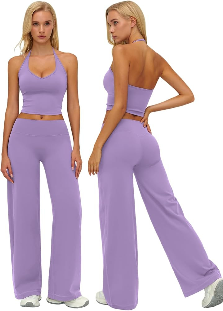 ABOCIW Womens Workout Sets 2 Piece Spaghetti Straps Crop Top Straight Leg Yoga Pants Yoga Pilates... | Amazon (US)