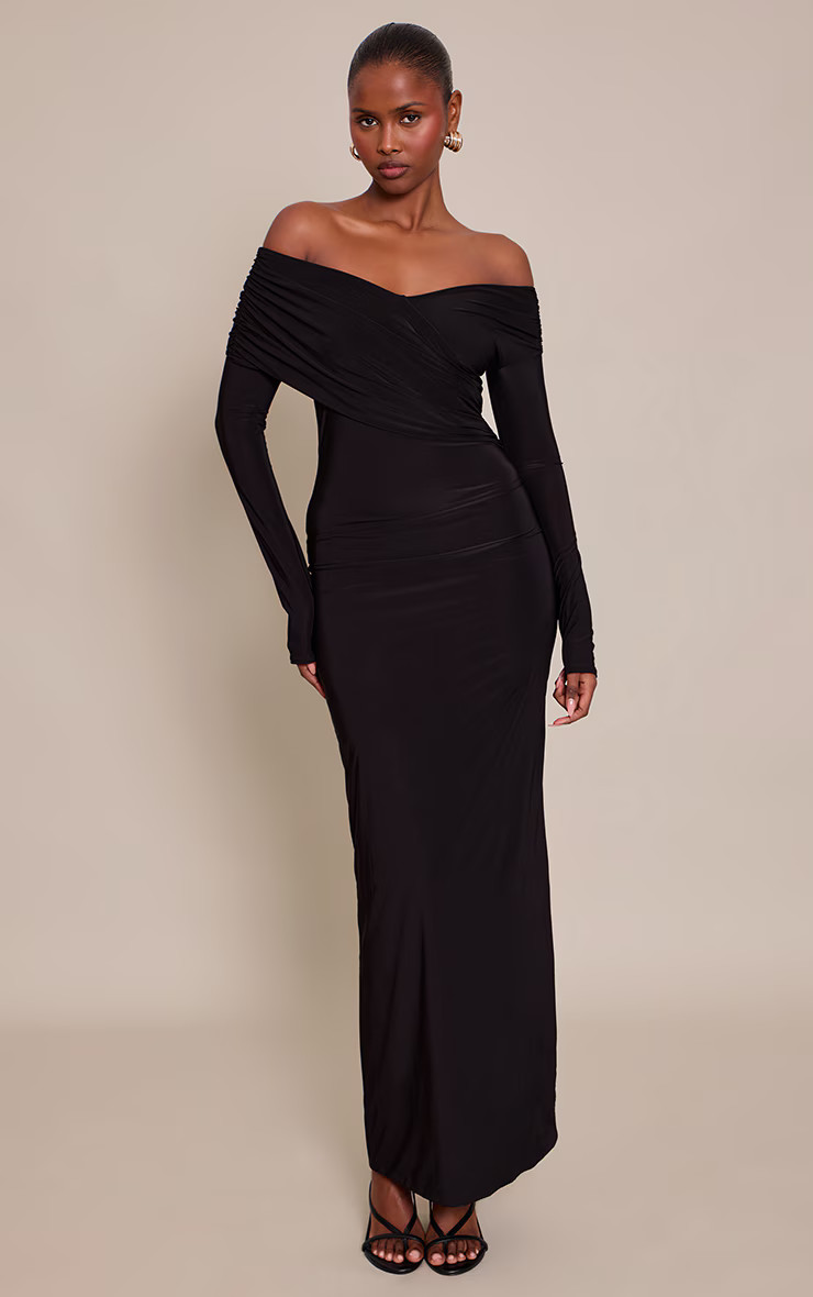 Black Slinky Cross Wrap Maxi Dress | Dresses | PrettyLittleThing US