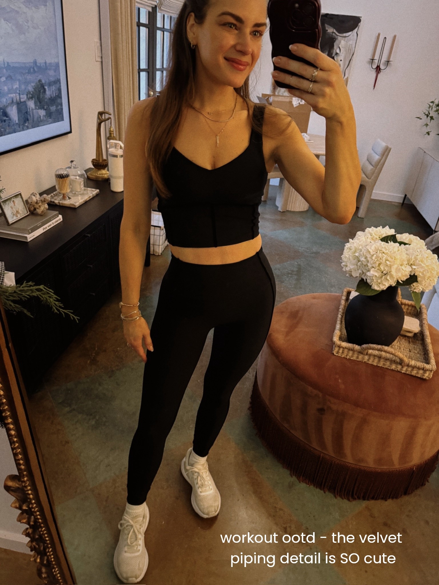 It may look like a standard black set from far away, but it has a subtle velvet detail down the sides & on the matching sweetheart top that I love. 
I have these leggings in a few colors. They have the perfect amount of compression to hold you in during workouts, but are comfortable enough to wear all day. (Wearing a size small in both)



#LTKootd #LTKActive #LTKfitnessgoals