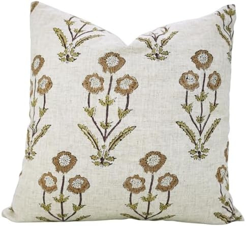 Throw Home Decorative Pillow Cover Floral Square 20X20 Inches Brown or Green Handmade Block Print... | Amazon (US)