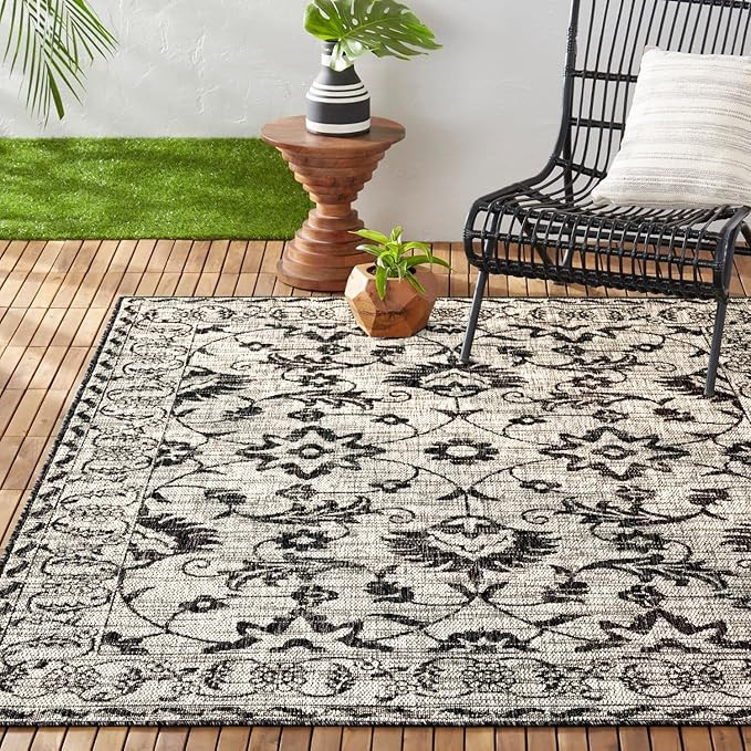 Nicole Miller New York Patio Country Ayala Botanical Floral Indoor/Outdoor Area Rug, Grey/Black, ... | Amazon (US)
