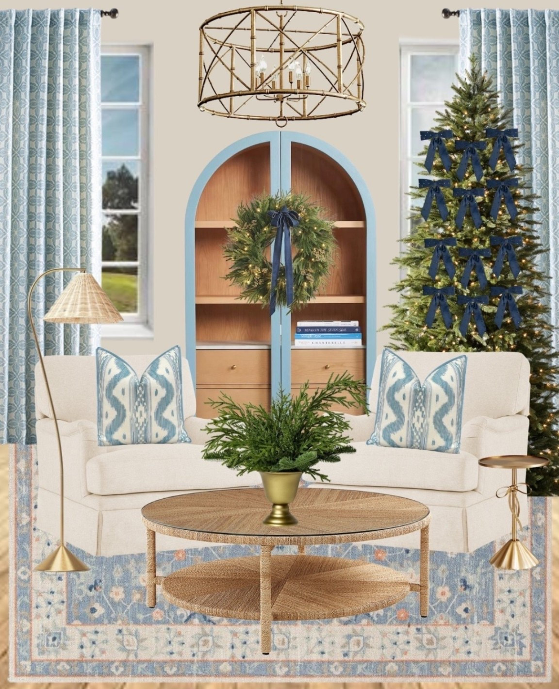 Living room styling 

Bamboo chandelier 
Anthropologie cabinet
Swivel arm chairs 
Blue Christmas decor 
 Christmas wreaths 

#LTKHome #LTKHoliday #LTKSeasonal