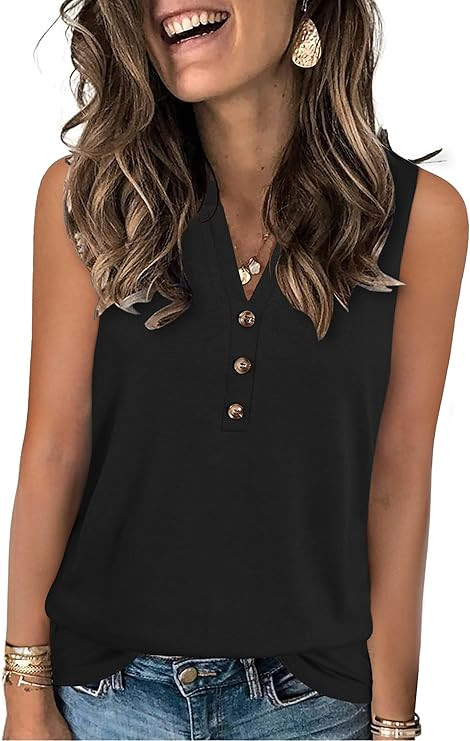 XMTOPYE Womens Summer Tank Top V Neck Sleeveless Tops Button Shirts Loose Fit Basic Clothes | Amazon (US)