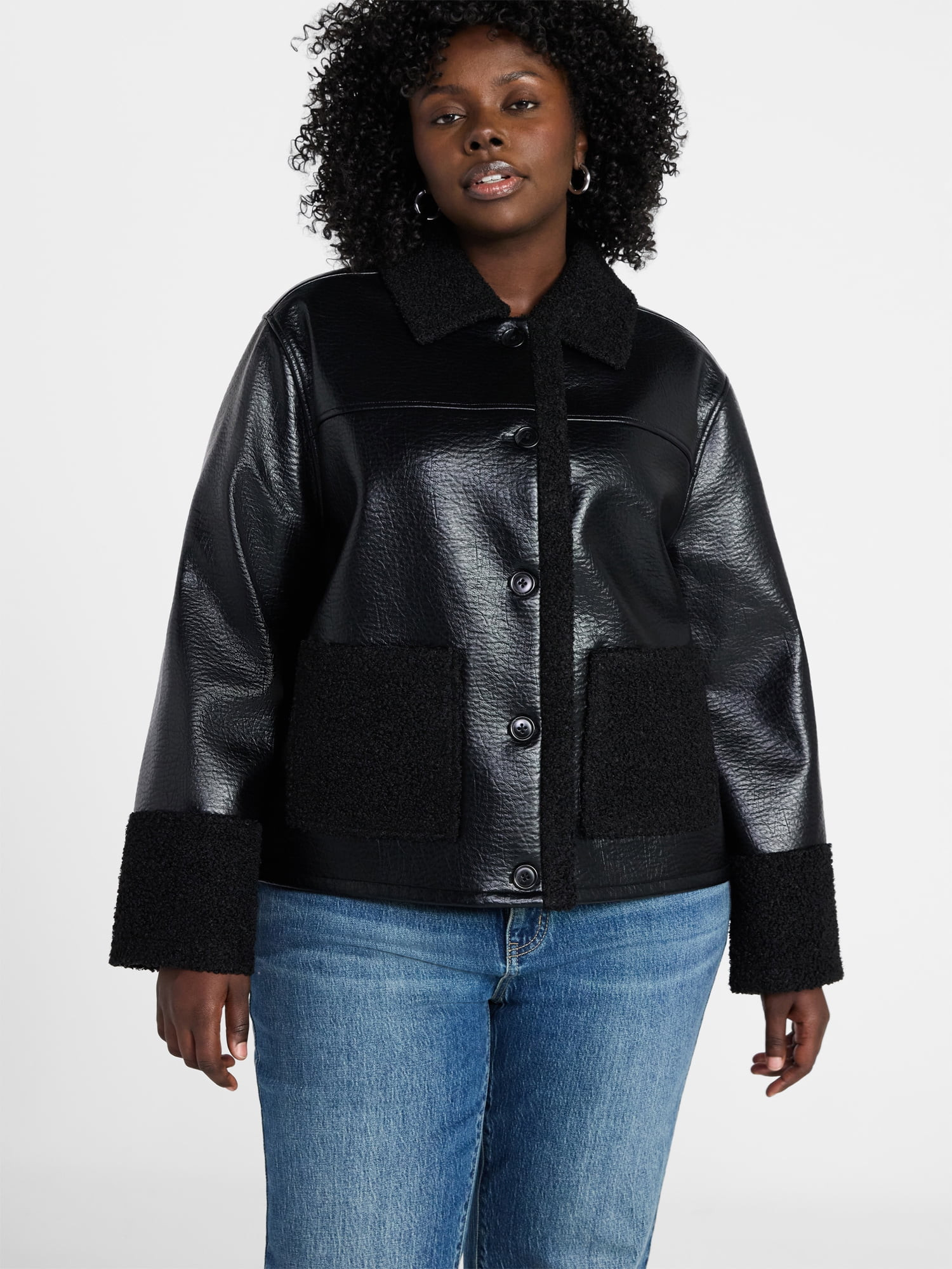 Terra & Sky Women's Plus Faux Shearling Jacket with Long Sleeves, Sizes 0X-5X - Walmart.com | Walmart (US)