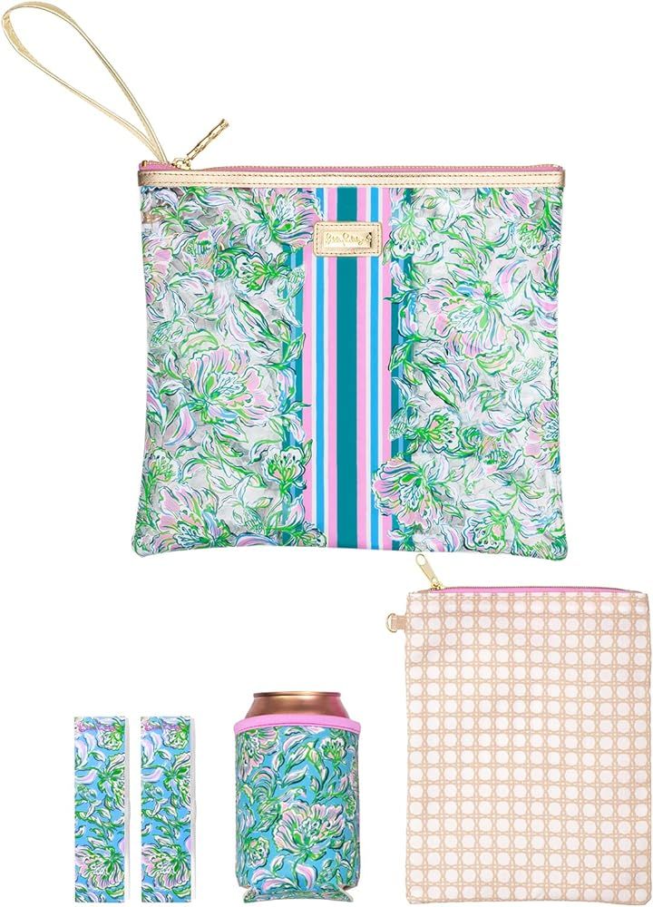 Lilly Pulitzer Water Resistant Vinyl Beach Day Pouch, Zipper Bag Includes Drink Hugger, Small Pou... | Amazon (US)