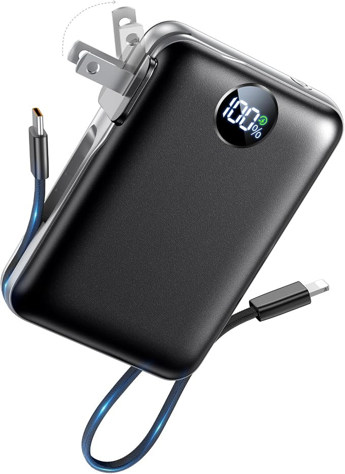 Portable Charger Power Bank 10000mAh, 45% Smaller Built-in Cables & AC Plug | Amazon (US)