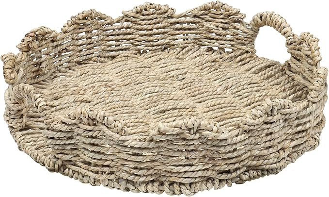 Scalloped Edge Round Decorative Serving Tray with Handles Woven Ottoman Trays for Coffee Table, N... | Amazon (US)