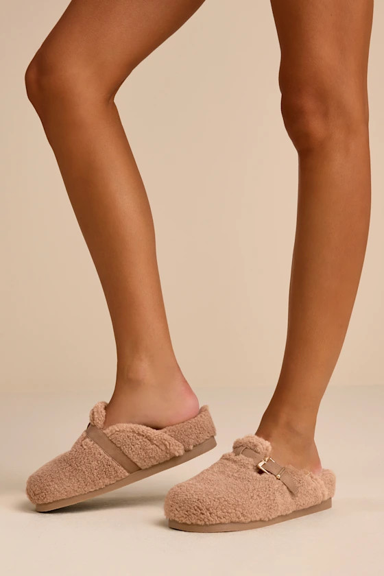 Anina Natural Plush Faux Fur Buckle Mule Slippers | Lulus