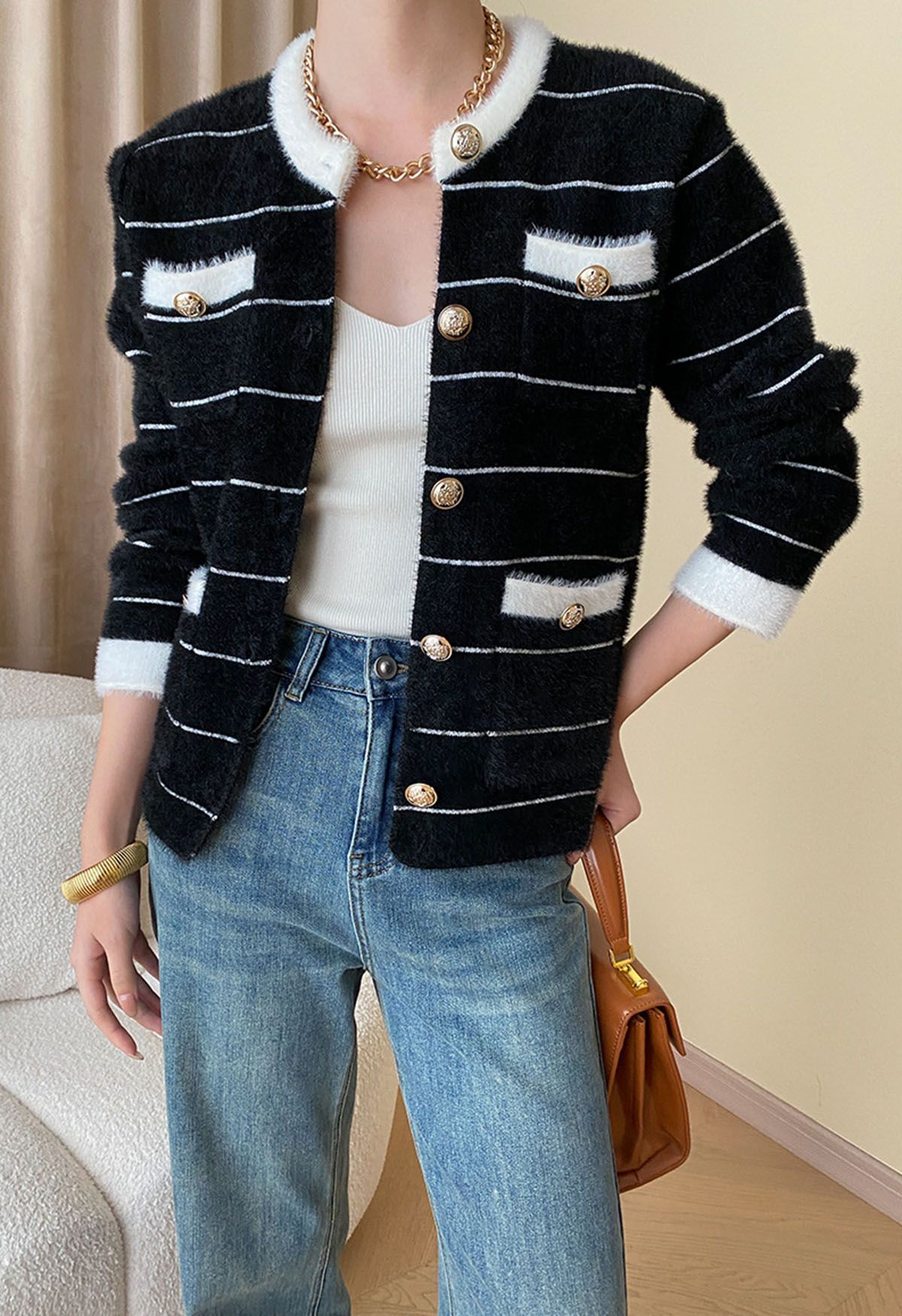 Contrast Striped Patch Pocket Fuzzy Knit Cardigan in Black | Chicwish