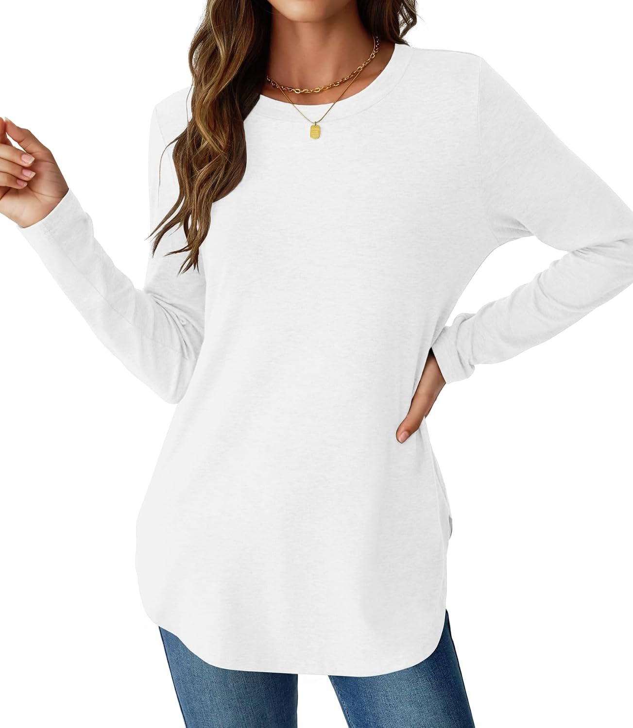 NORACORA Women Long Sleeve Shirts Loose Tunic Crew Neck Lightweight Side Split Casual 2026 Spring Trendy Basic Tshirts Blouse | Amazon (US)