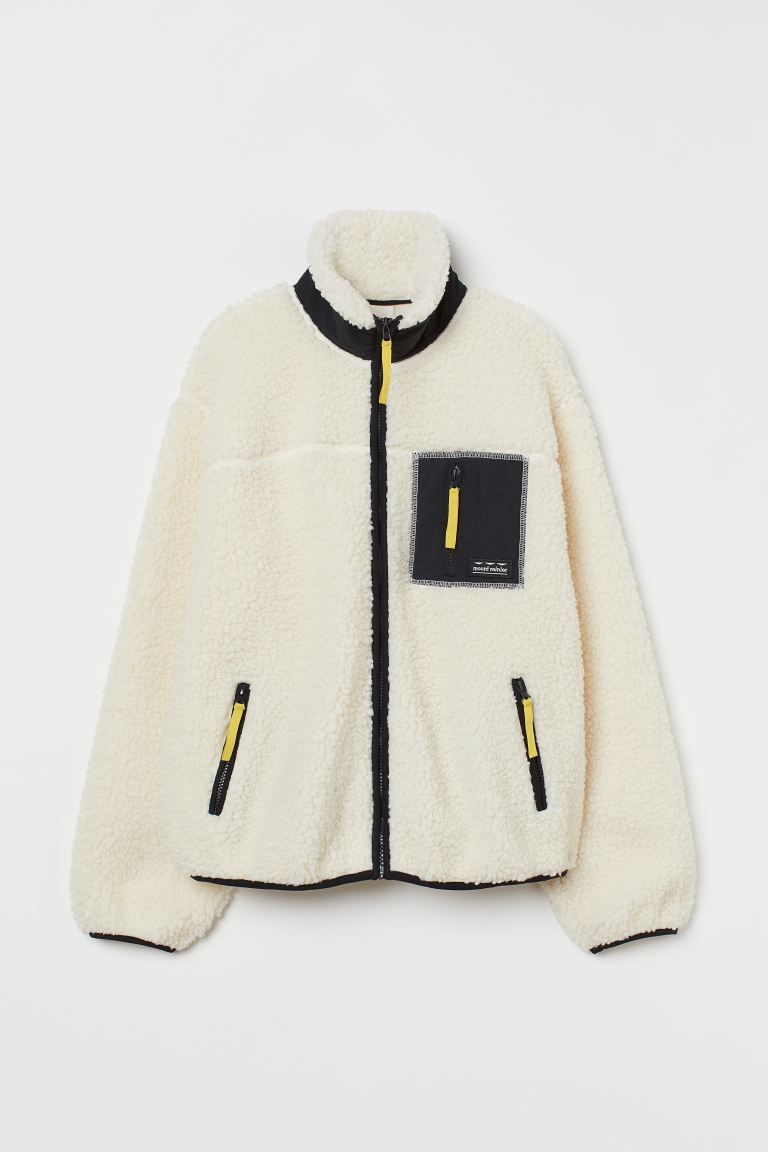 Oversized jacket in soft faux shearling with contrasting details in woven fabric. Stand-up collar... | H&M (US + CA)