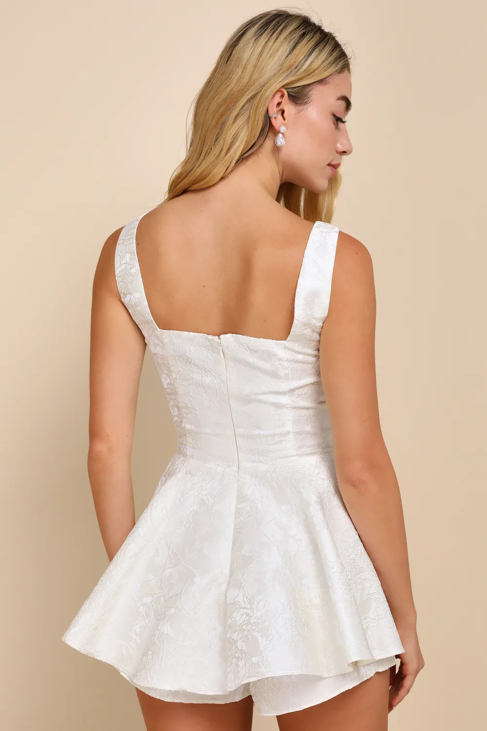 Radiant Flair Ivory Floral Jacquard Bustier Skort Romper | Lulus