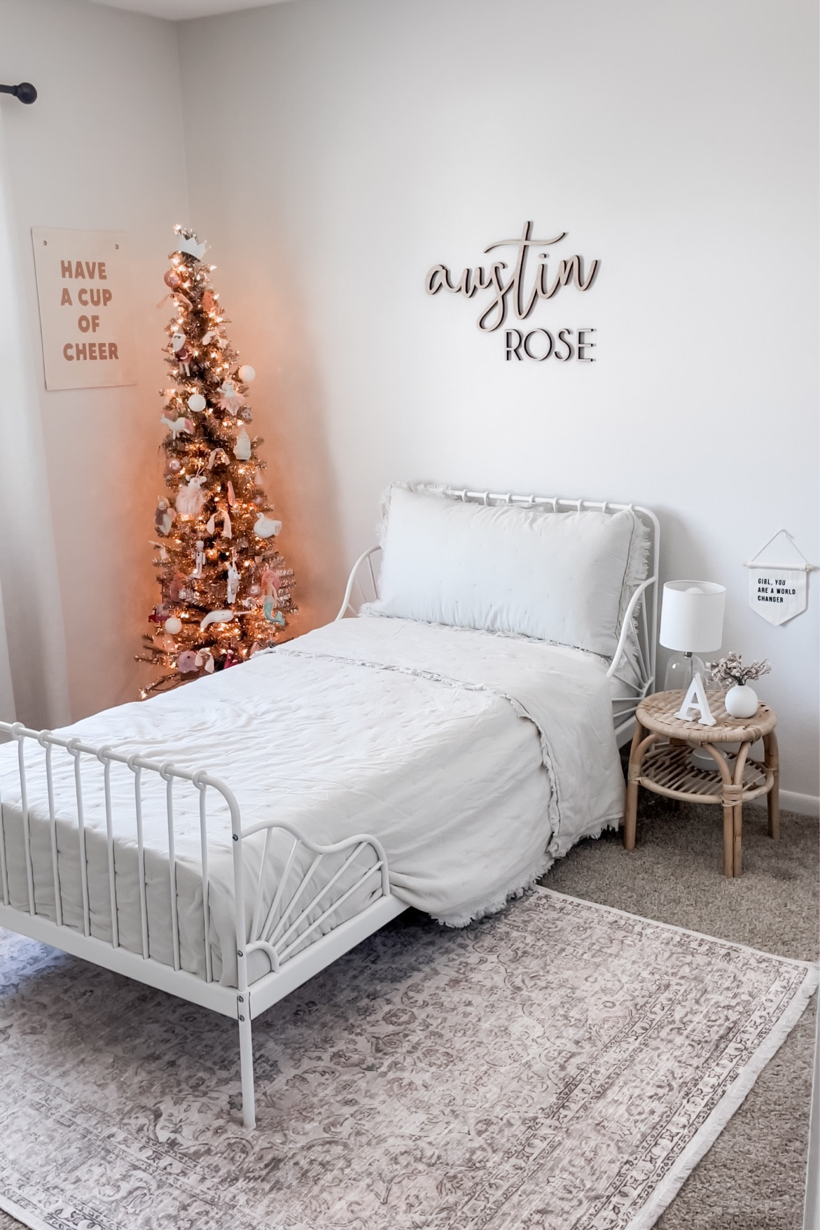 Toddler room | toddler room inspo | Christmas decor | toddler Christmas | ikea minnen bed | cream holi rug | ruffle trimmed bedspread | toddler bedding | pink Christmas | 

#LTKhome #LTKkids #LTKHoliday