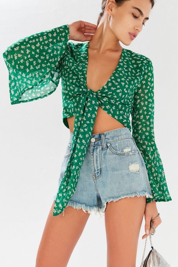 UO Tie-Front Bell-Sleeve Cropped Top | Urban Outfitters (US and RoW)