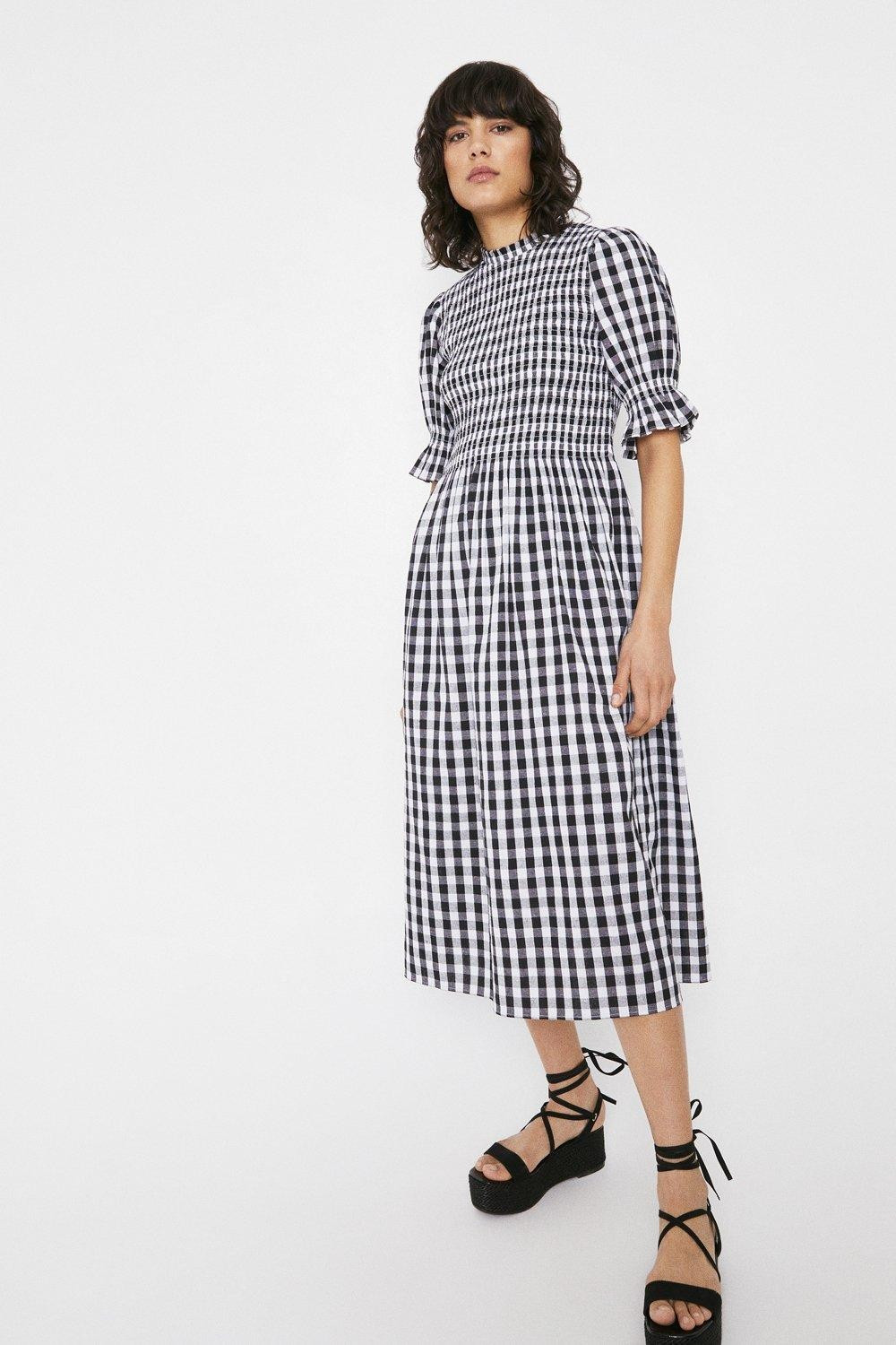 Gingham Smocked Puff Sleeve Midi Dress | Warehouse UK & IE