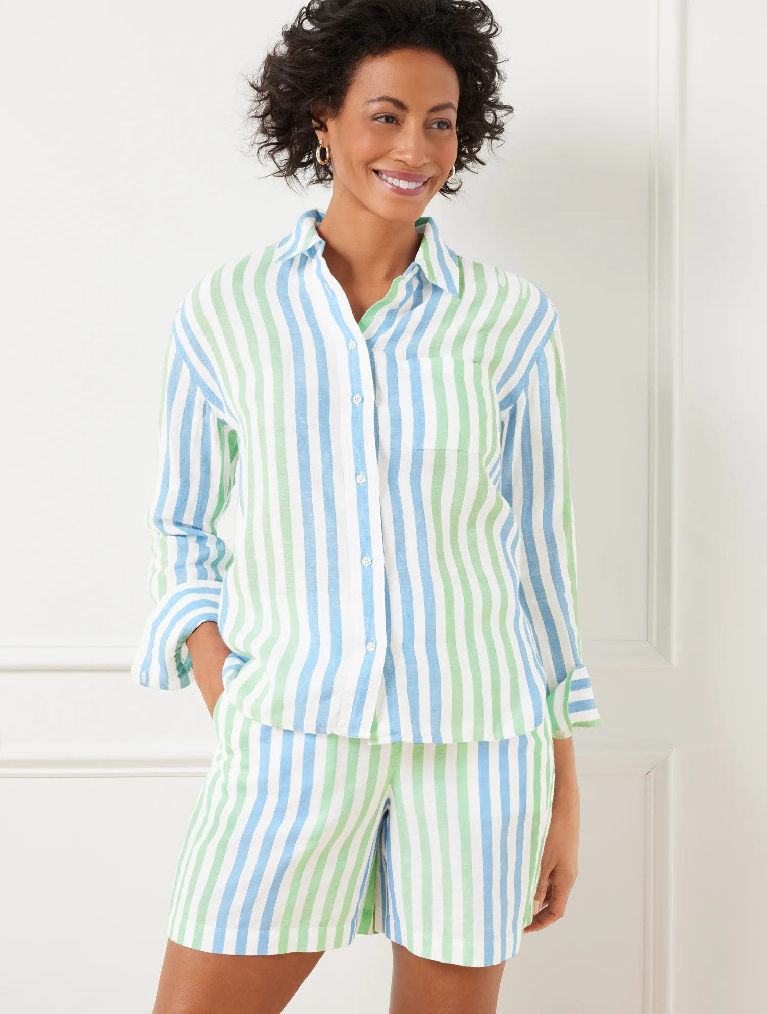 Misses - Linen Shirt - Playful Stripe - Neptupe Green - Large Talbots | Talbots