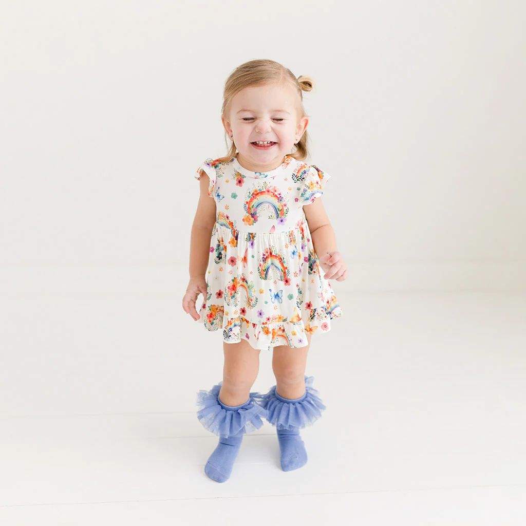 Rainbow Floral White Ruffled Baby Bodysuit Dress | Lucky Rainbow | Posh Peanut