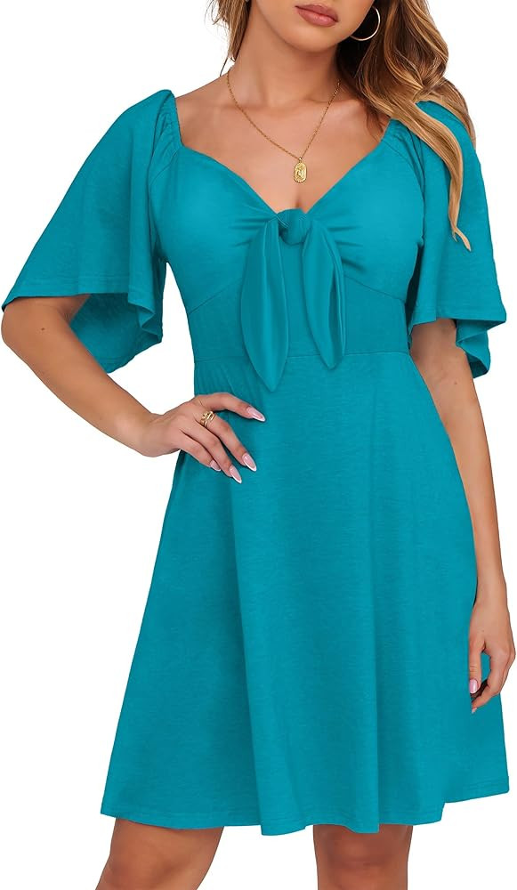 Caracilia Dresses for Women Summer Casual Short Sleeve Deep V Neck Tie Front Beach Wedding Mini D... | Amazon (US)