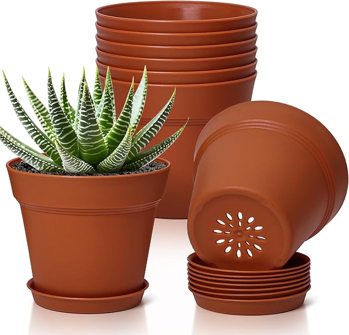 T4U 5 Inch Plant Pot 8-Pack, Plastic Pots with Drainage Hole and Saucer, Decorative Flower Pots B... | Amazon (US)
