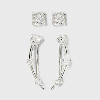 Sterling Silver Cubic Zirconia Ear Crawler Stud Earring Set 2pc - A New Day™ Silver | Target