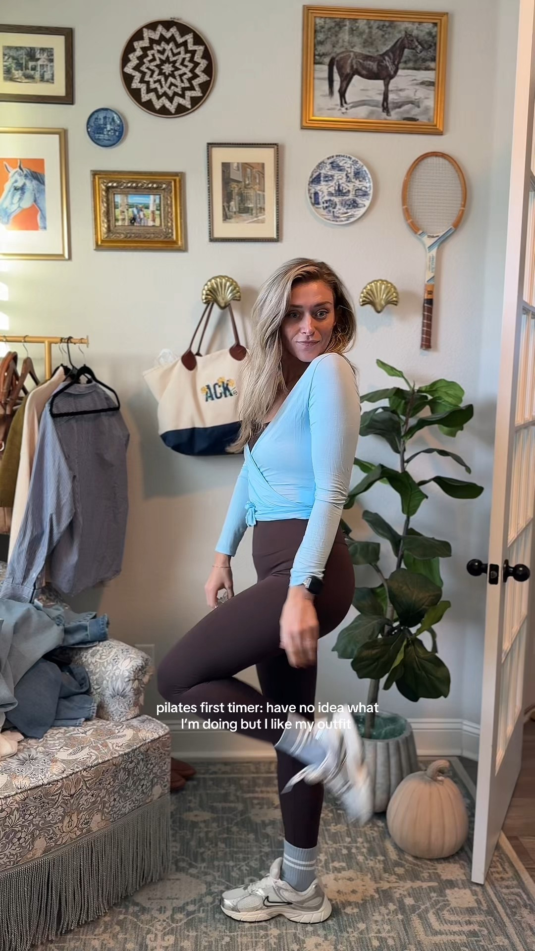 First time trying Pilates and I have no idea what I’m doing, but we’re giving wellness girl energy. Wearing my favorite H&M Move set, Amazon matching socks, and a little wrap top — classic, comfy, and affordable. Linked everything in bio + LTK.

⸻



affordable pilates outfit, classic style athleisure, millennial mom wellness, H&M Move review, Amazon pilates socks, affordable workout sets, pilates reformer class first time