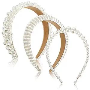 3 Pcs Pearl Headbands for Women White Bling Faux Pearl Rhinestones Hairbands Bridal Hair Hoop Wed... | Amazon (US)