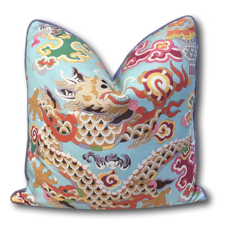 Brunschwig  & Fils Ming Dragon Aqua Pillow Cover w/ piping - 18x18, 20x20, 22x22, 24x24 - Dragon ... | Etsy (US)