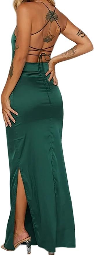 Just Quella Women Maxi Dress Satin Strappy Backless Evening Party Dress with Slit (XS, Green) at ... | Amazon (US)