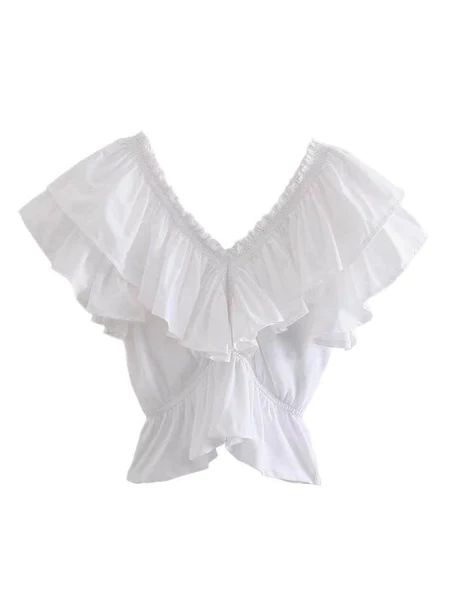 'Karen' Ruffled Elastic V-neck Top | Goodnight Macaroon