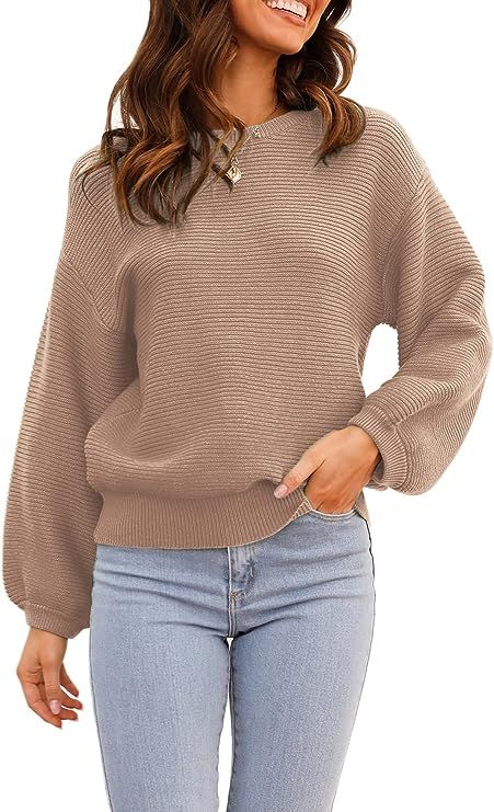 ARTFREE Womens Ribbed Knit Crewneck Sweater Lantern Sleeve Casual Loose Stretchy Solid Fall Winte... | Amazon (US)
