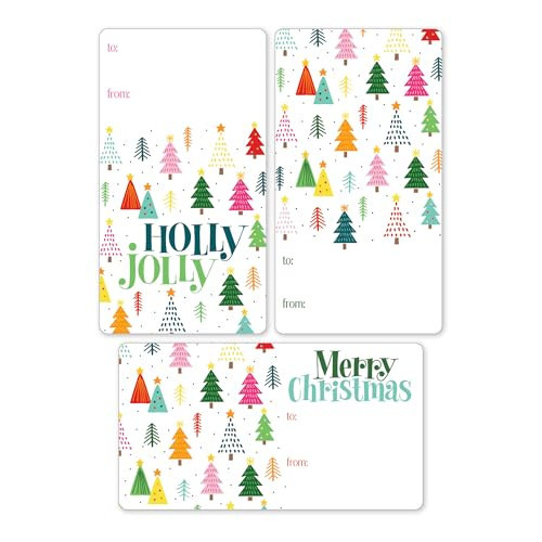 Holly Jolly Christmas Gift Tags, Self-Adhesive Gift Wrap Tags Pink Green Trees, 42 Labels - Peel and Stick Christmas Gift Tags | Amazon (US)